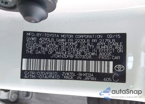 2015 Toyota Prius Plug-In z USA, uszkodzony, nr VIN JTDKN3DP8F3073028